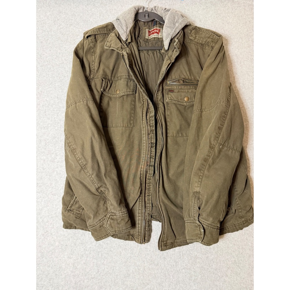 Levis Field Jacket Mens Utility Hooded Military Canvas Quilted Olive Green XL